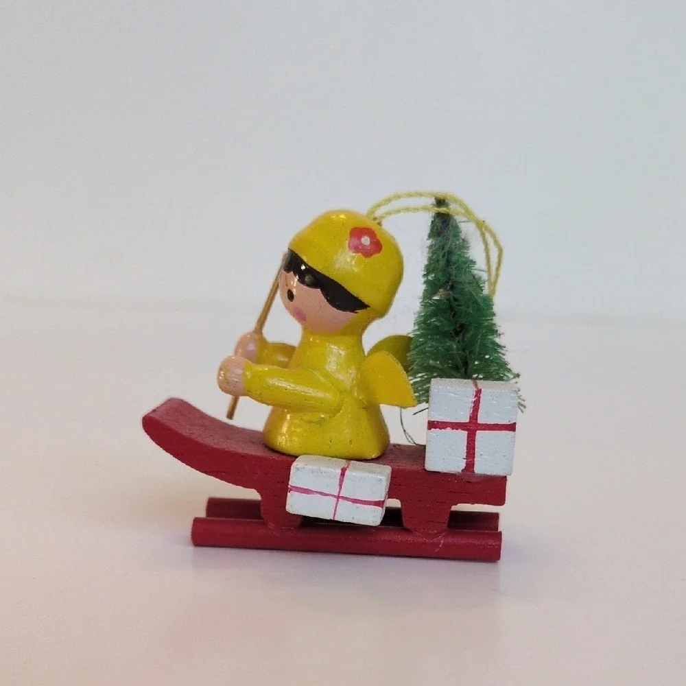 Vintage 70s Miniature Wooden Angel Christmas‎ Ornament - Yellow Sled Tree